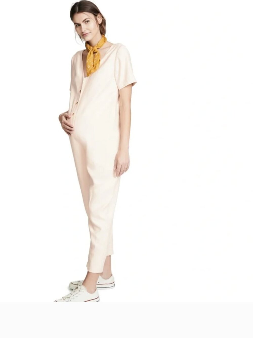 Hatch Maternity Noelle Jumpsuit V Neck Linen Short Sleeve Belted Cream Small 1
